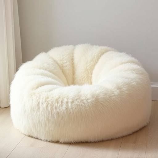 A cozy bean bag chair made from soft, faux fur in a light cream color, perfect for a relaxed setting.
