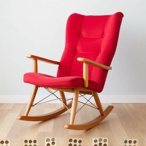A rocking chair upholstered in a vibrant red fabric, featuring a solid wood frame and ergonomic design.